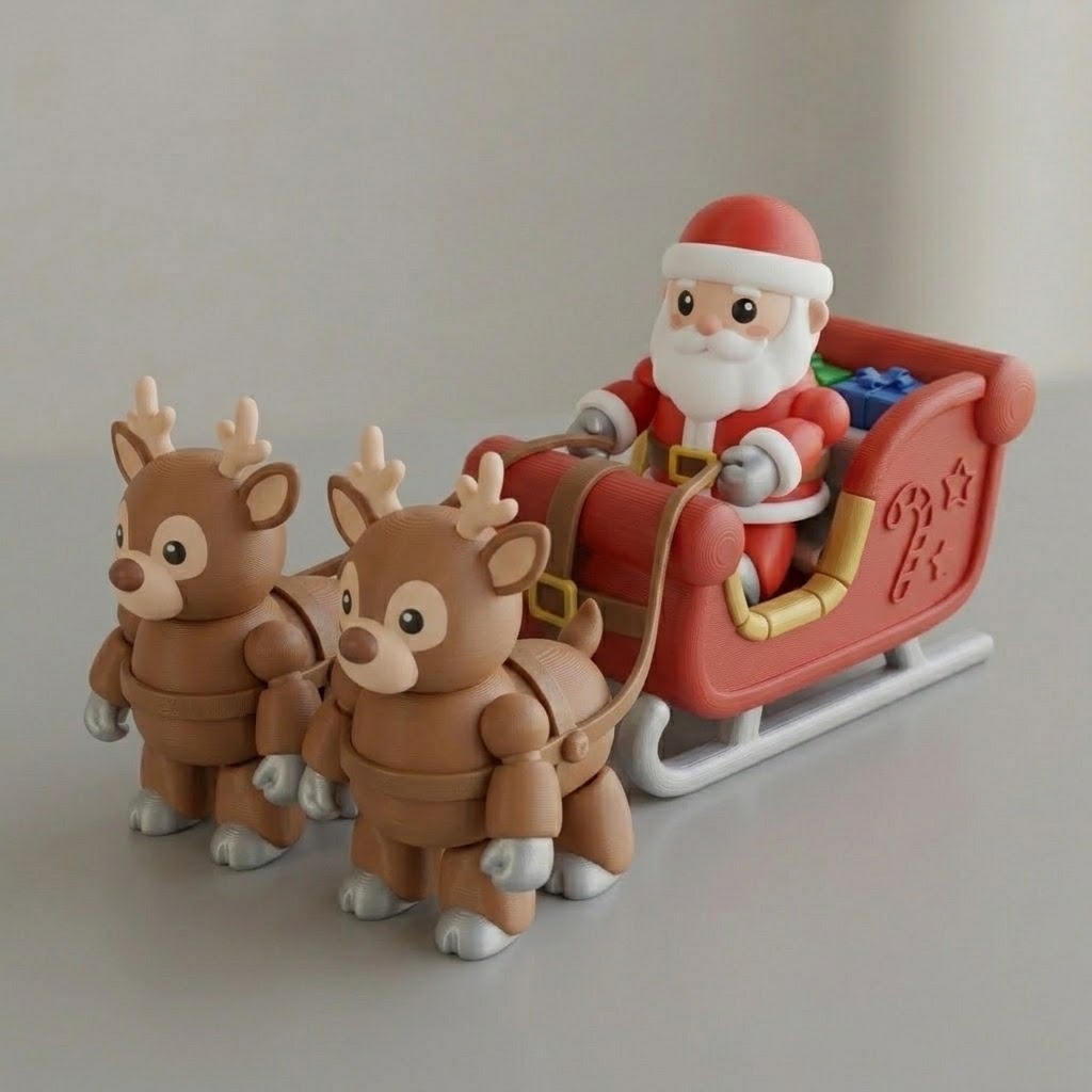Santa, sleigh, and two reindeer printed on FDM